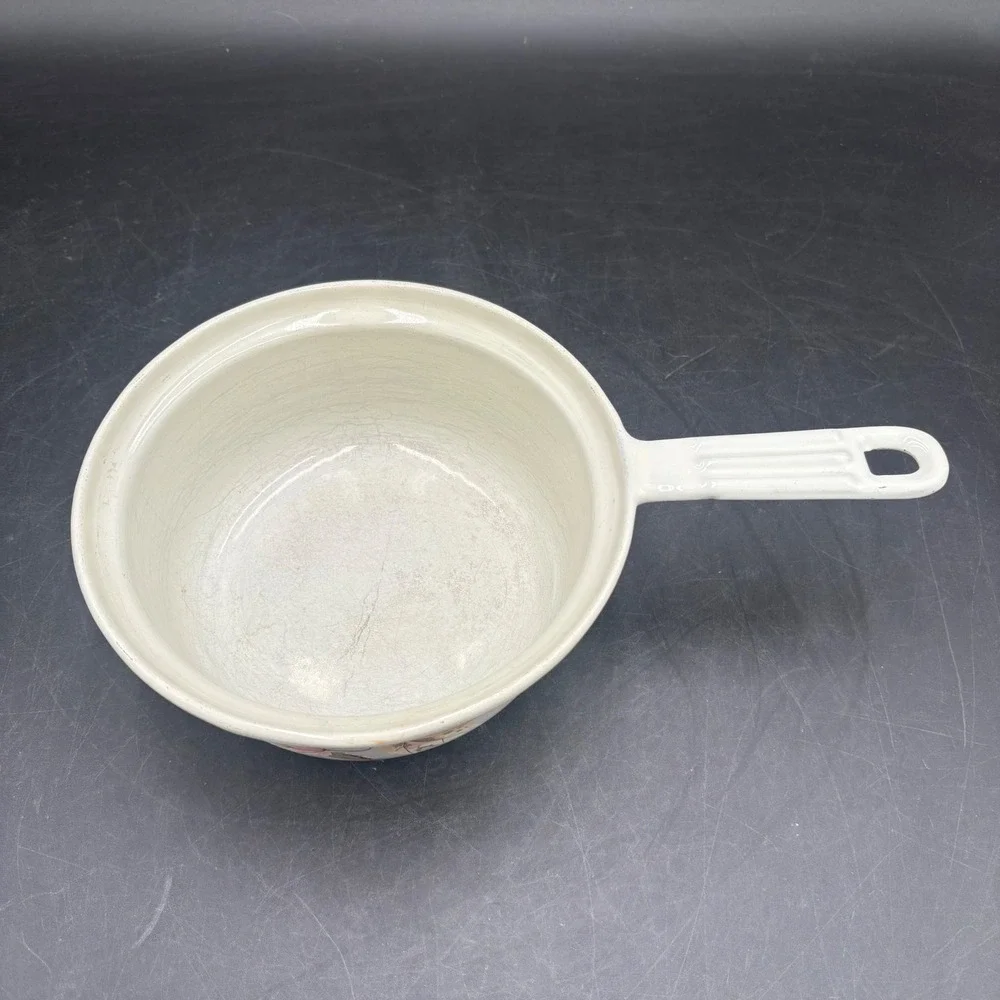 Vintage Descoware Enamel Cast Iron Saucepan Maple Leaf Made Belgium Cream No Lid